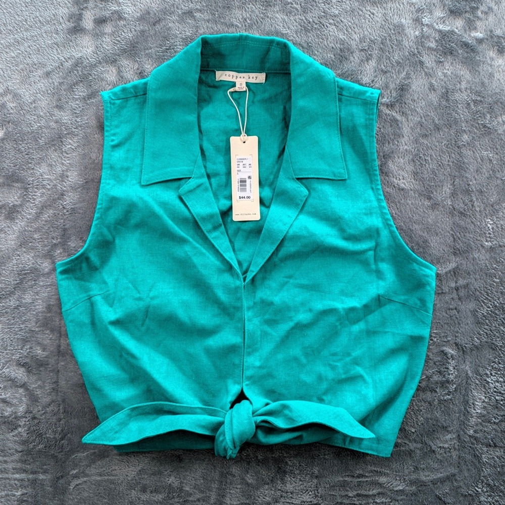Copper Key Womens Teal Green Linen Blend Tie Front Crop Top Small NWT